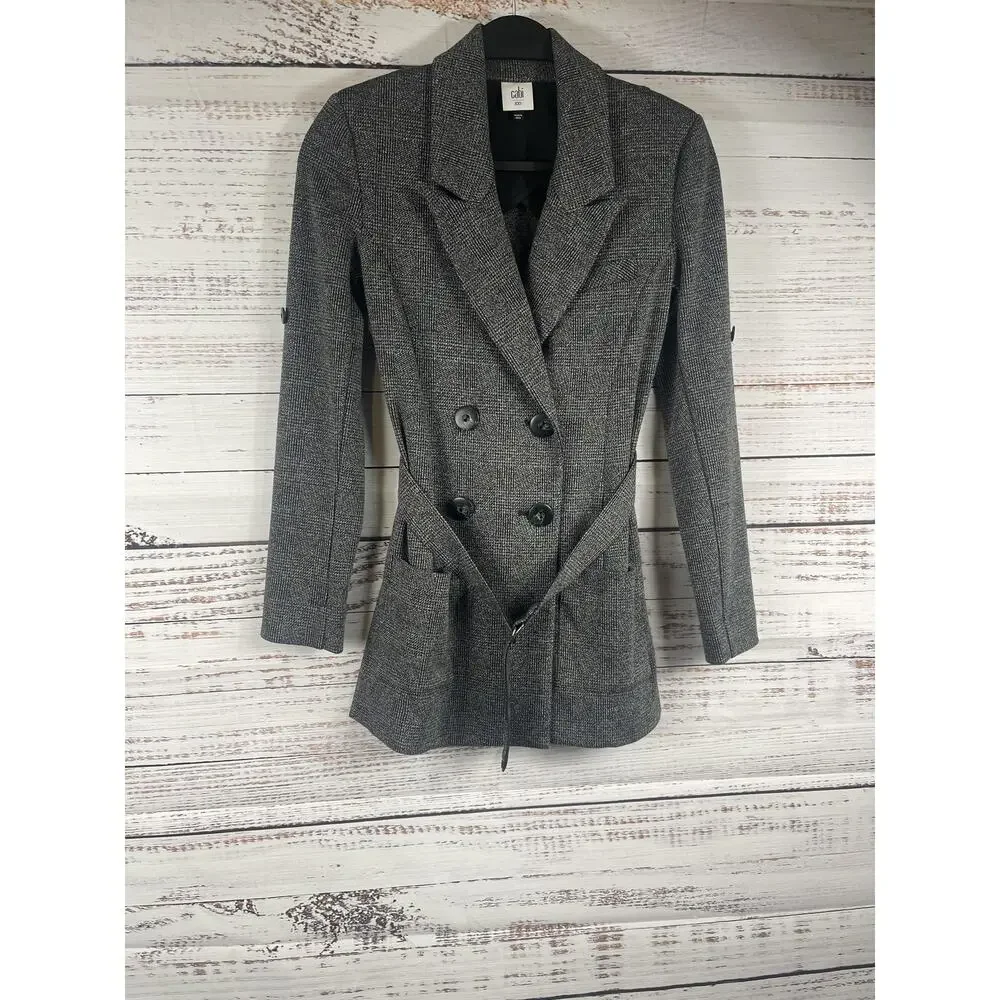 CAbi Pant Suit Womens XXS Gray Plaid Belted Blazer Wide Leg Pants Set Career